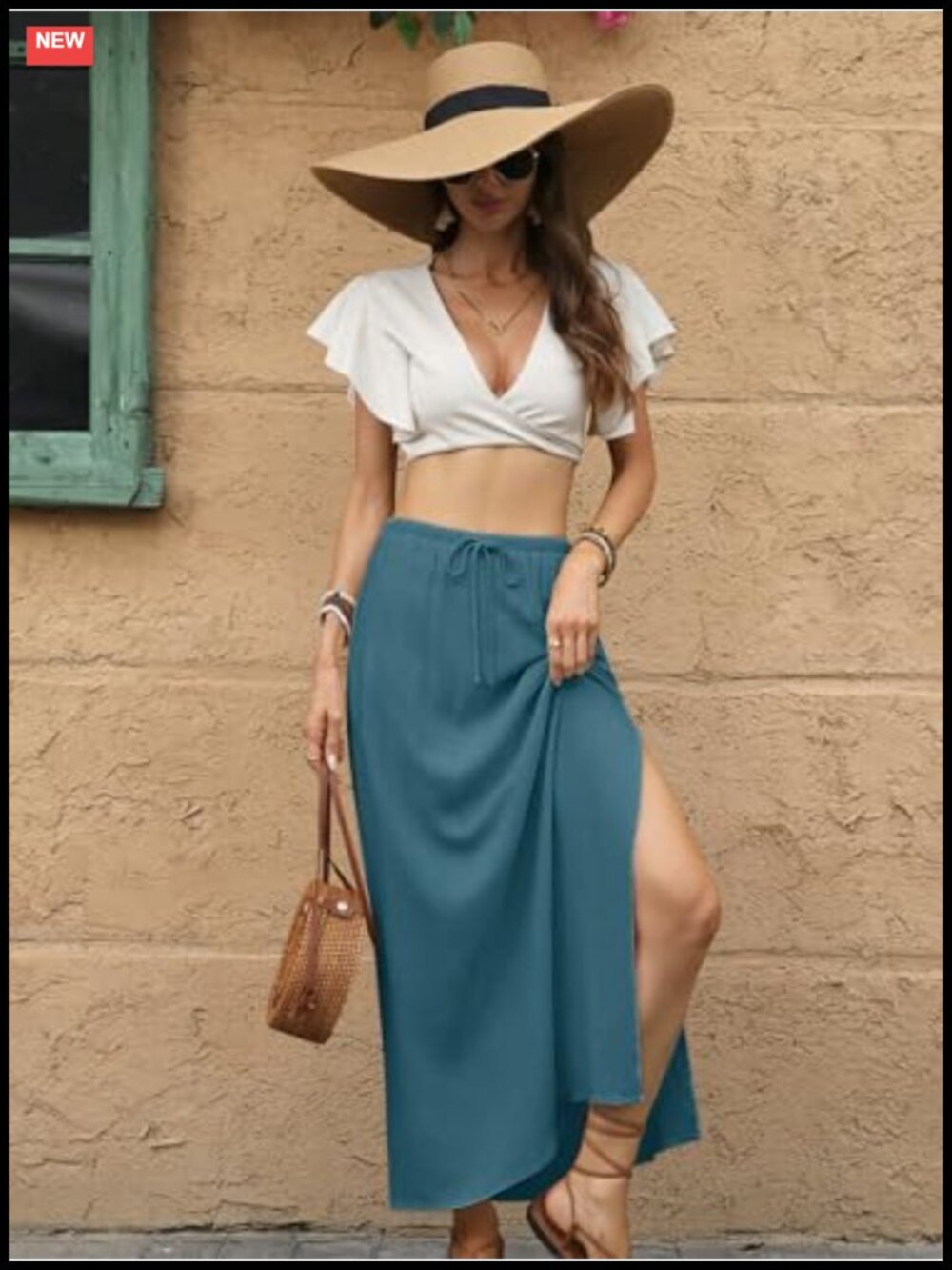 Linen Straight Maxi Skirt with Side Slit & Pockets Elastic Waist Drawstring - Picture 3 of 6